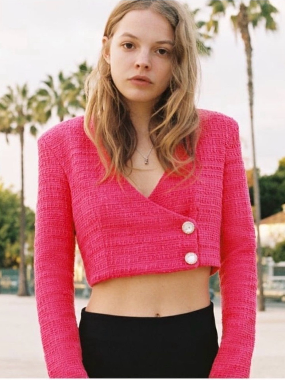 Zara Hot Pink Cropped V-Neck Bouclé Sweater Jacket